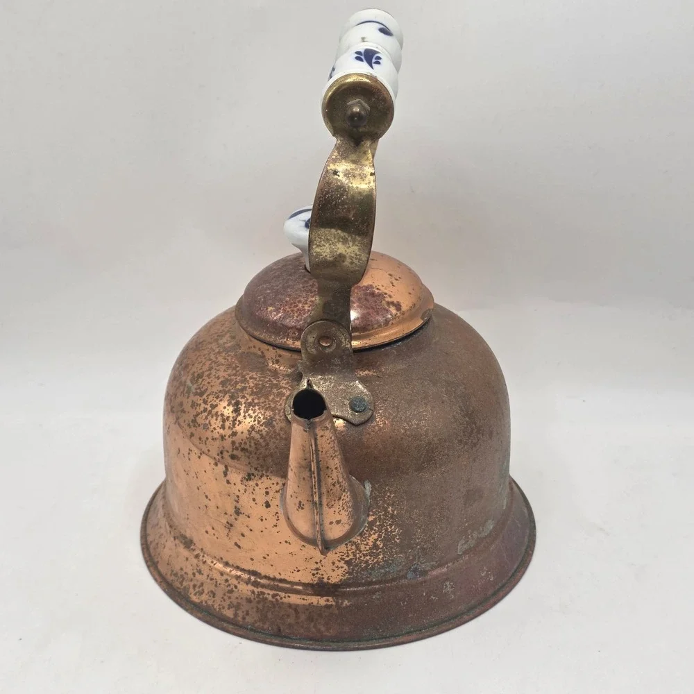 Portugal‎ Copper Tea Kettle Vintage Floral Ceramic Handle Rustic Farmhouse Decor